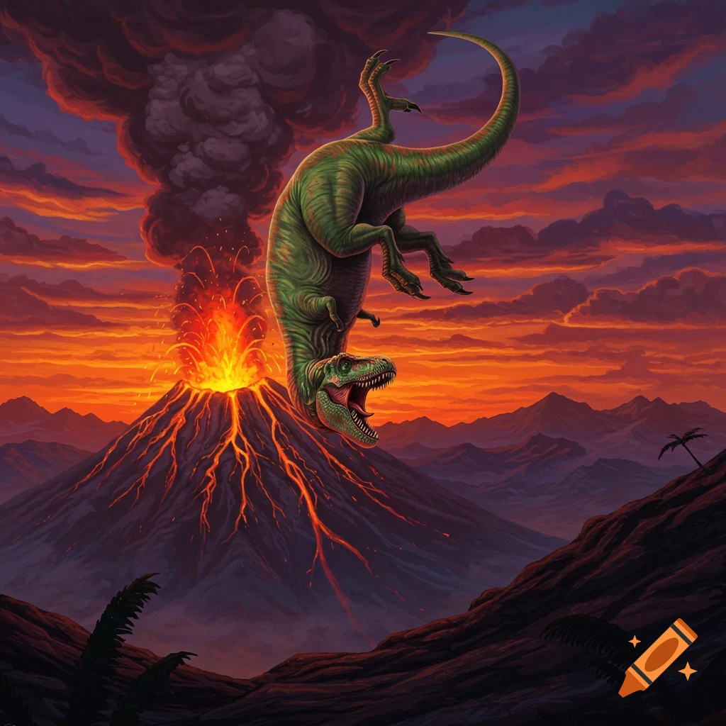 A green dinosaur doing a backflip into an erupting volcano at sunset.