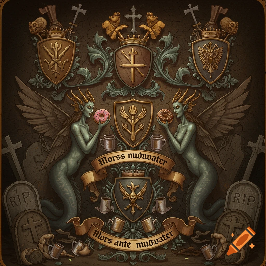 Gothic heraldry with winged sirens holding donuts, tombstones, and banners.