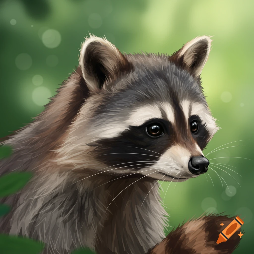 A portrait of a raccoon in a forest setting.