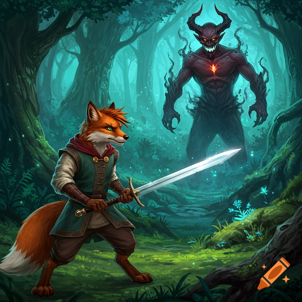 A fox wielding a sword confronts a demon within a forest.