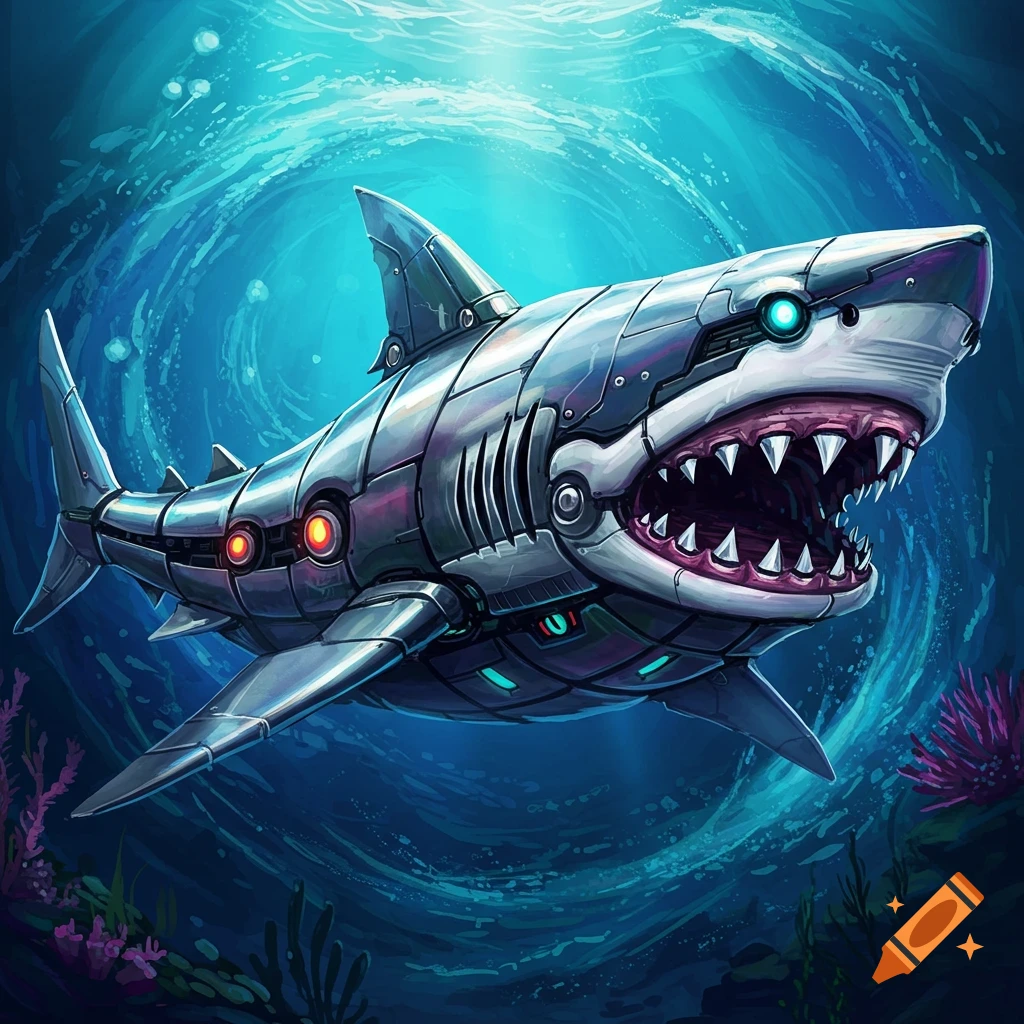 A robotic shark swimming in the ocean.