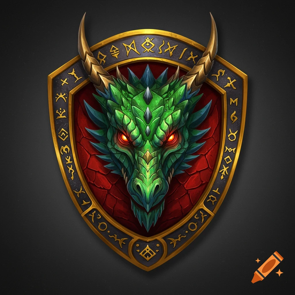 Green dragon head on a shield with gold trim and symbols.