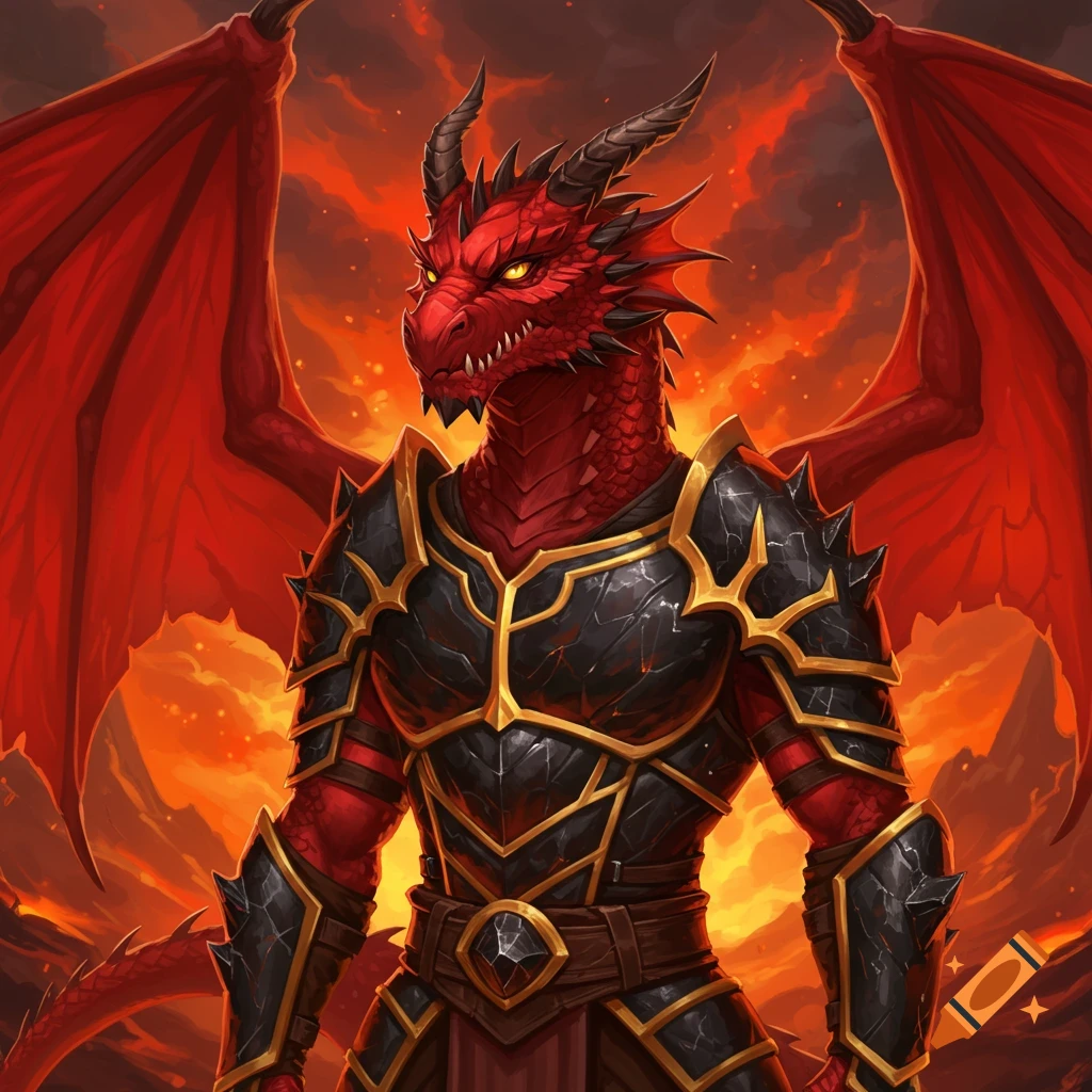 A red dragon humanoid in black and gold armor is depicted against a fiery landscape.