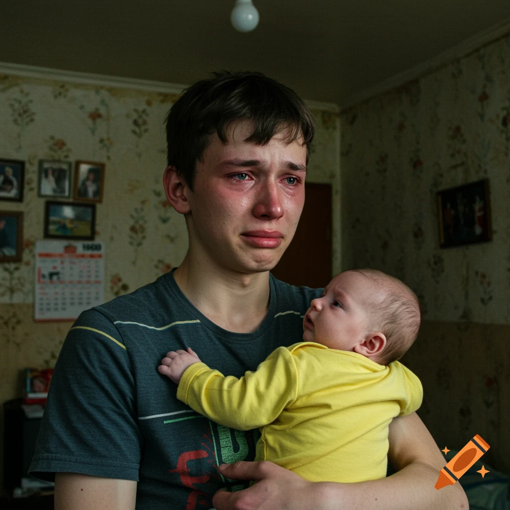 A tearful young boy holds a baby in a dimly lit room with family photos and a calendar on the wall.