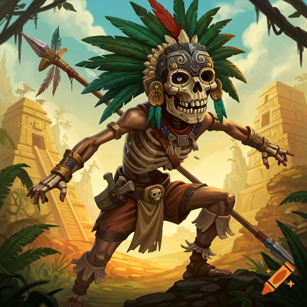 A stylized illustration of an Aztec skeleton warrior holding a spear in a jungle setting with pyramids.