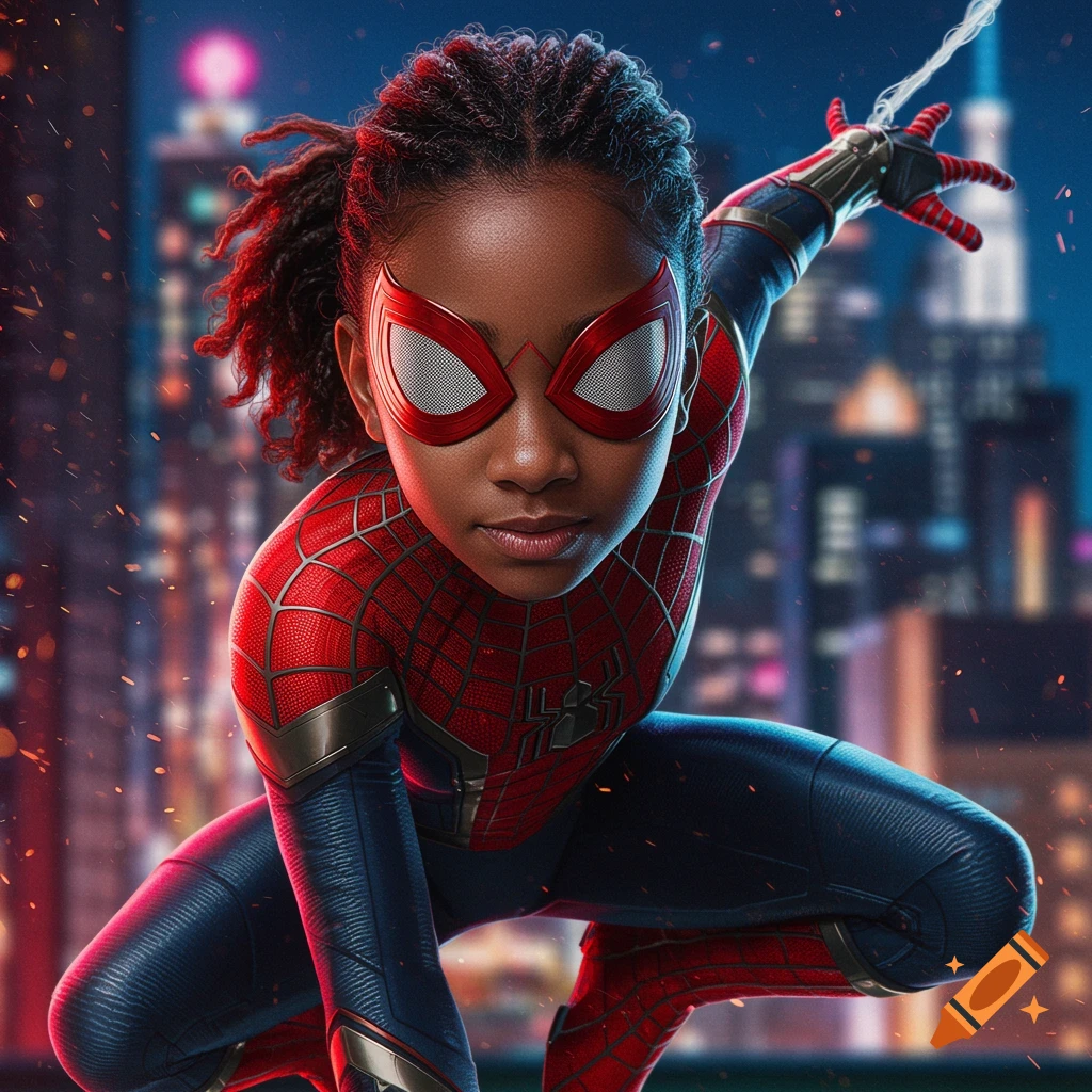 Young girl in a Spider-Man suit crouching in a dynamic pose in a city at night.