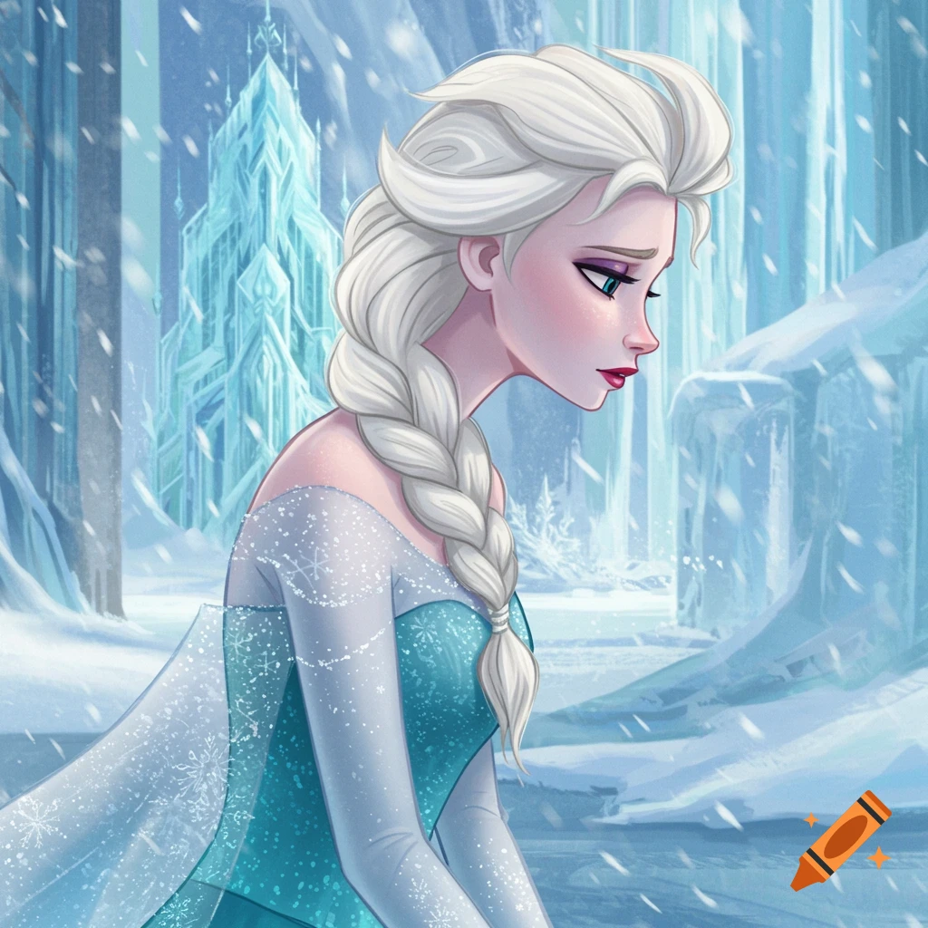 Elsa in an icy landscape with an ice castle, looking down pensively.