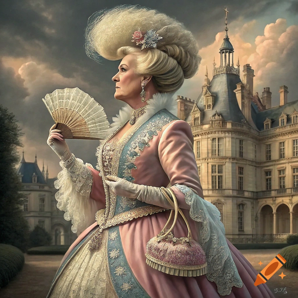 Woman in elaborate 18th-century dress with large hair holding a fan in front of a castle.