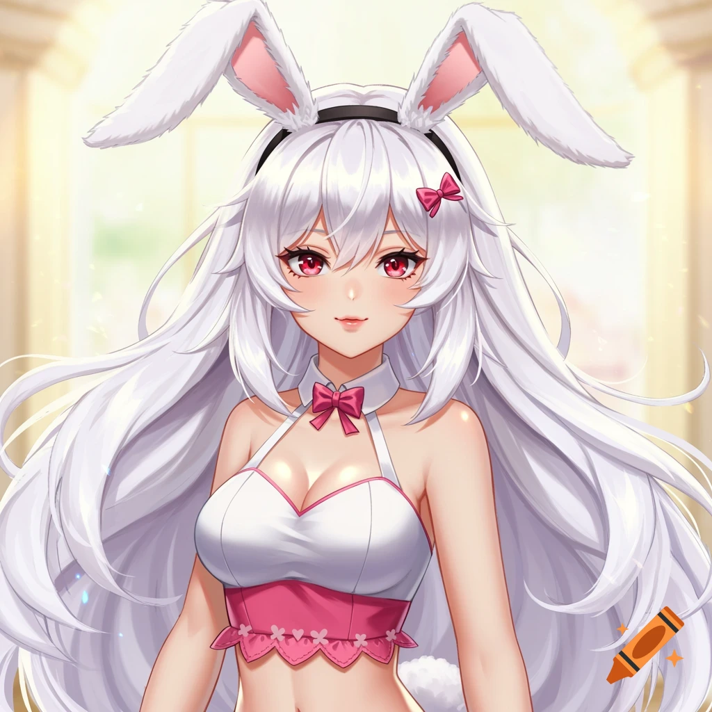 Anime portrait of a bunny girl with long white hair, red eyes, pink bows, bunny ears and tail, in a white and pink outfit.