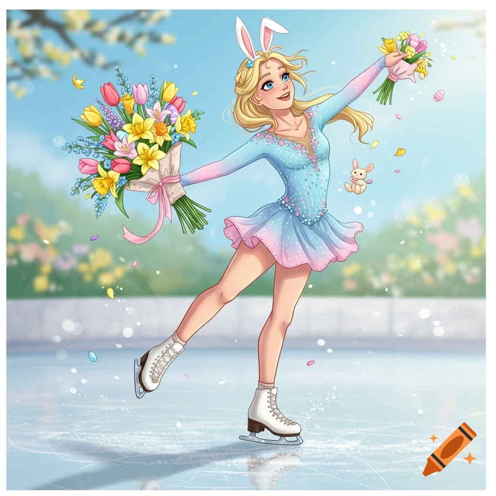 A figure skater with bunny ears and flowers on ice, celebrating Easter.