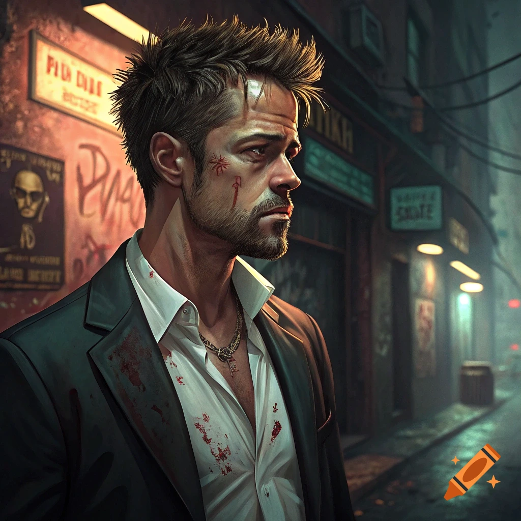 Illustration of a man with a beard and bloodstained shirt and jacket in a dark, rainy urban street.