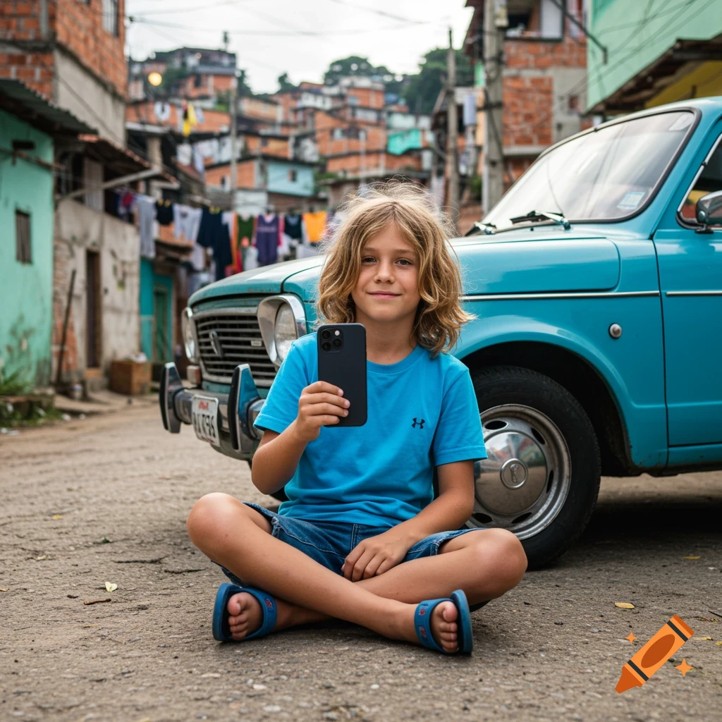 Boy sits by blue car in favela holding phone, street photography