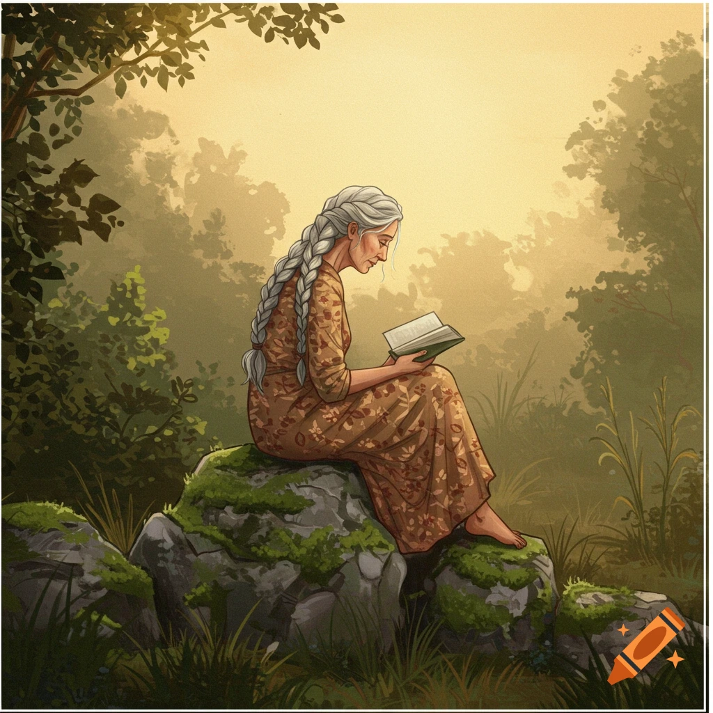An older woman with braids is reading a book while sitting on a mossy rock in a forest.