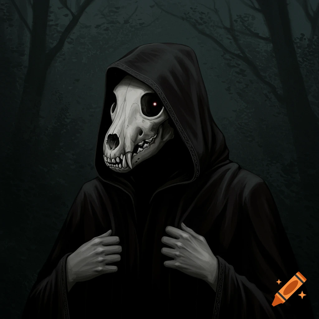 A cloaked figure wearing an animal skull as a mask in a dark forest.