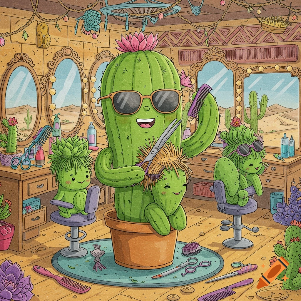 Cartoon illustration of a large cactus giving a haircut to a smaller cactus in a desert salon.