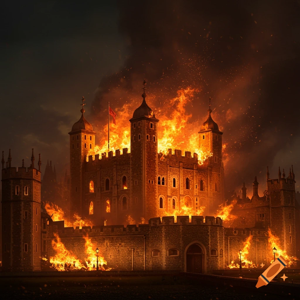 A historic stone tower is engulfed in large flames and smoke against a dark sky.