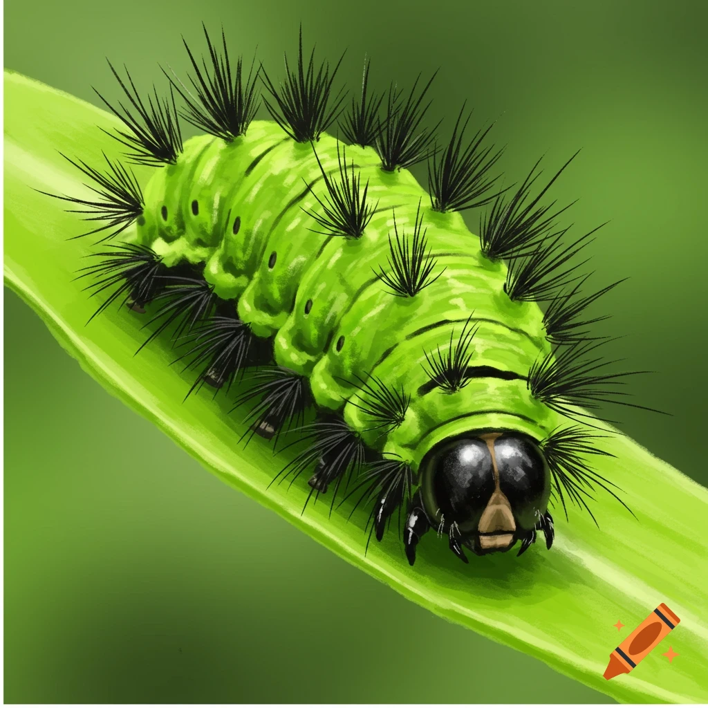 A bright green caterpillar with black spines on a leaf.