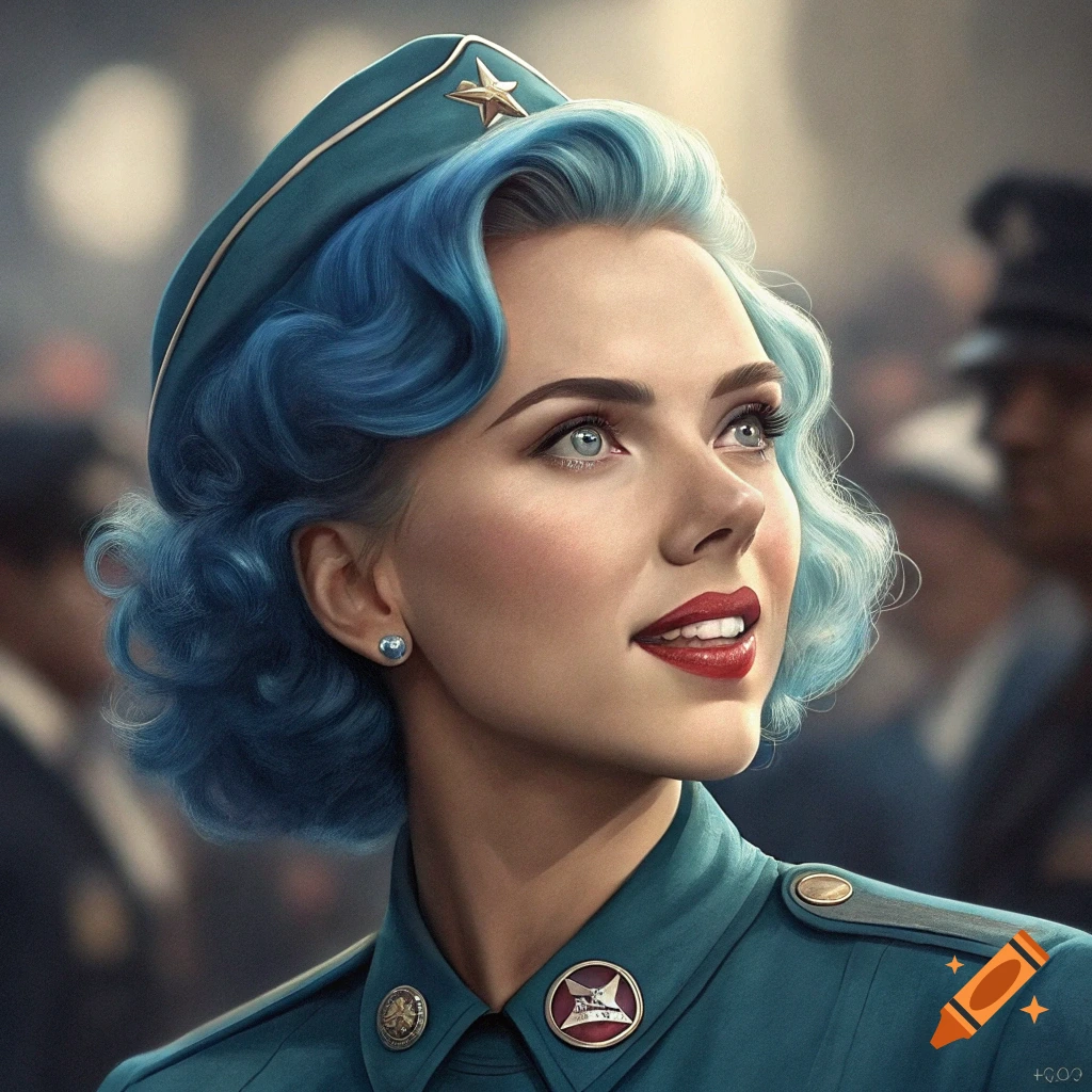 Portrait of a woman with blue hair in a teal uniform looking up.