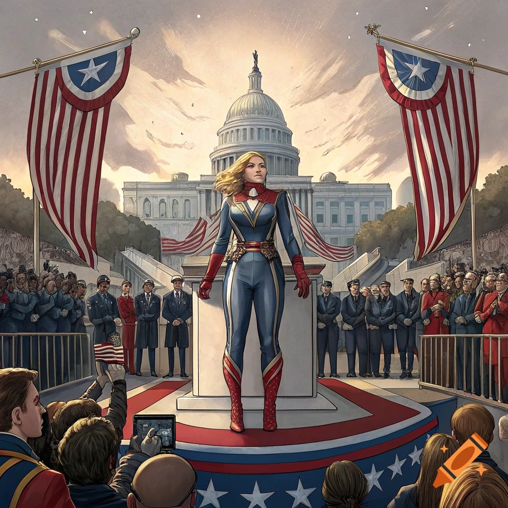Captain Marvel stands at a podium during an inauguration with the US Capitol and American flags behind her.