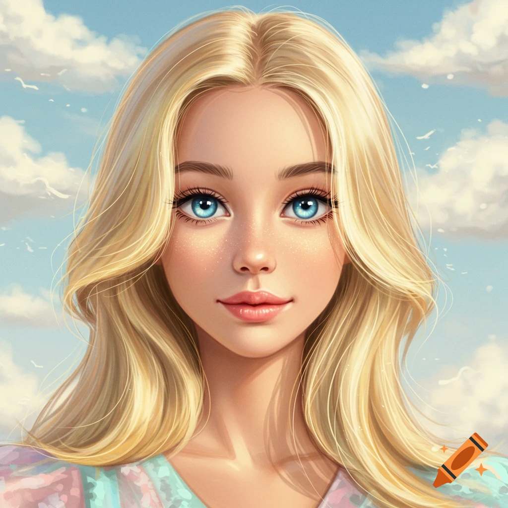 Close-up of a blonde girl with blue eyes smiling against a cloudy sky
