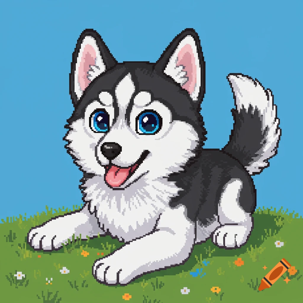 A cute pixel art husky dog laying in grass.