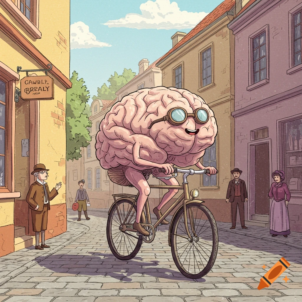 Cartoon illustration of a brain with legs and goggles riding a bicycle down a cobblestone street in a town.