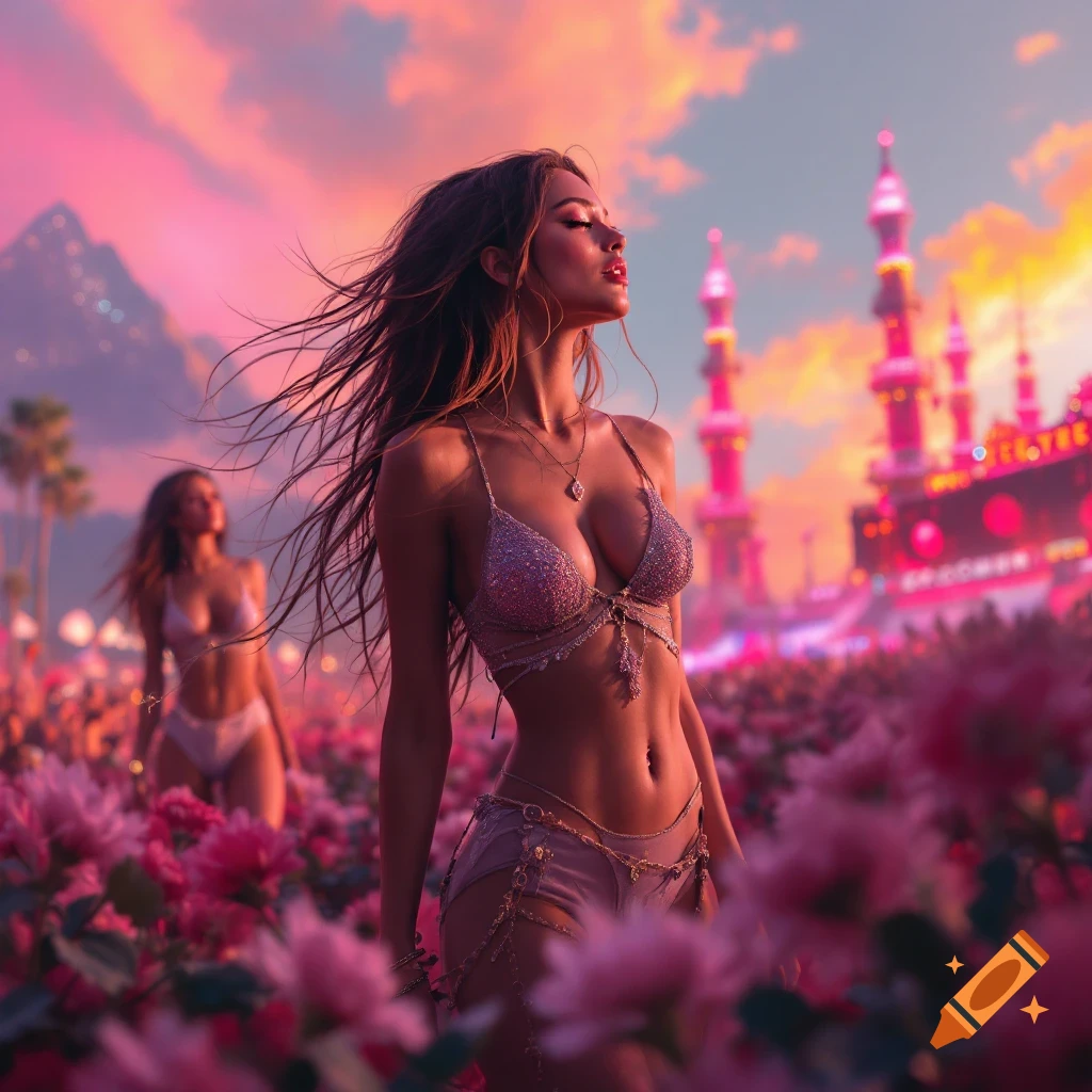 A woman in a bikini top and shorts stands in a field of pink flowers at sunset, with a festival stage in the background.