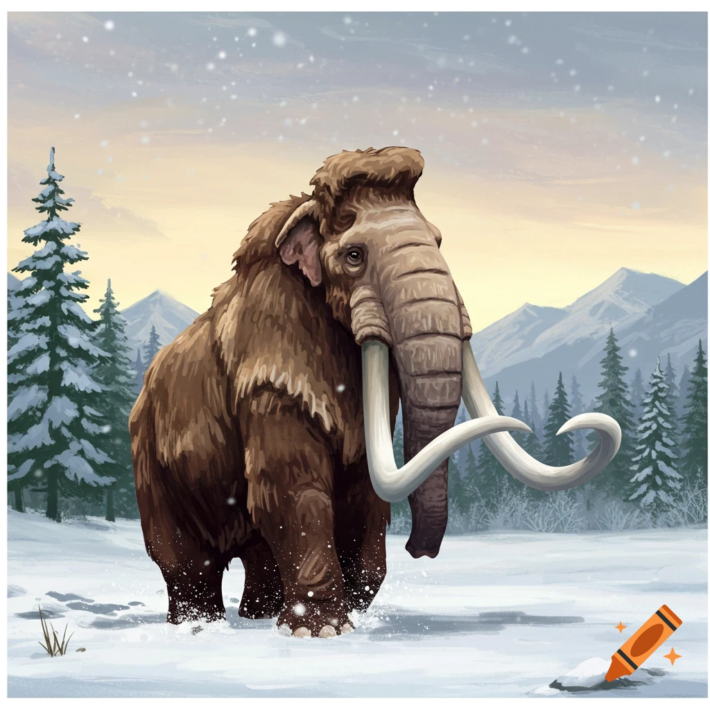 A woolly mammoth in a snowy mountain landscape