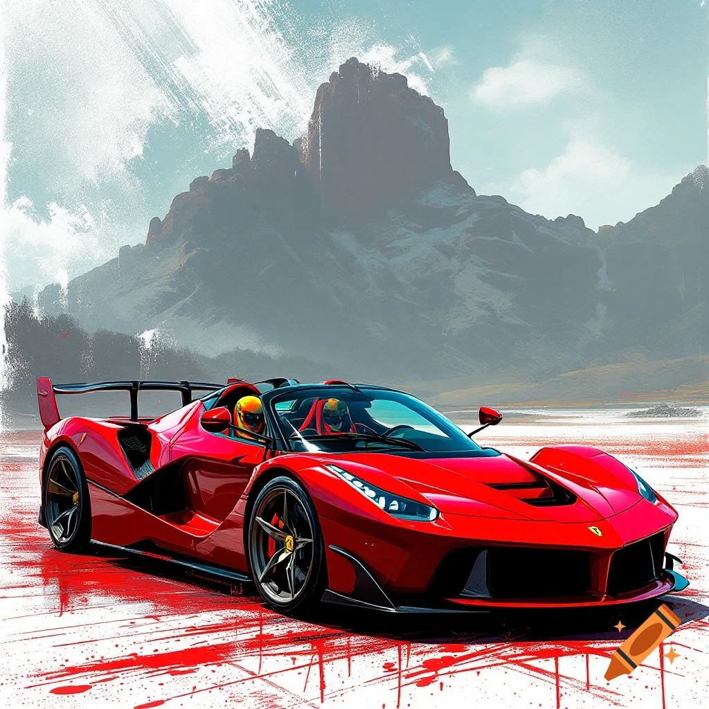 A red sports car drives through a desert landscape.