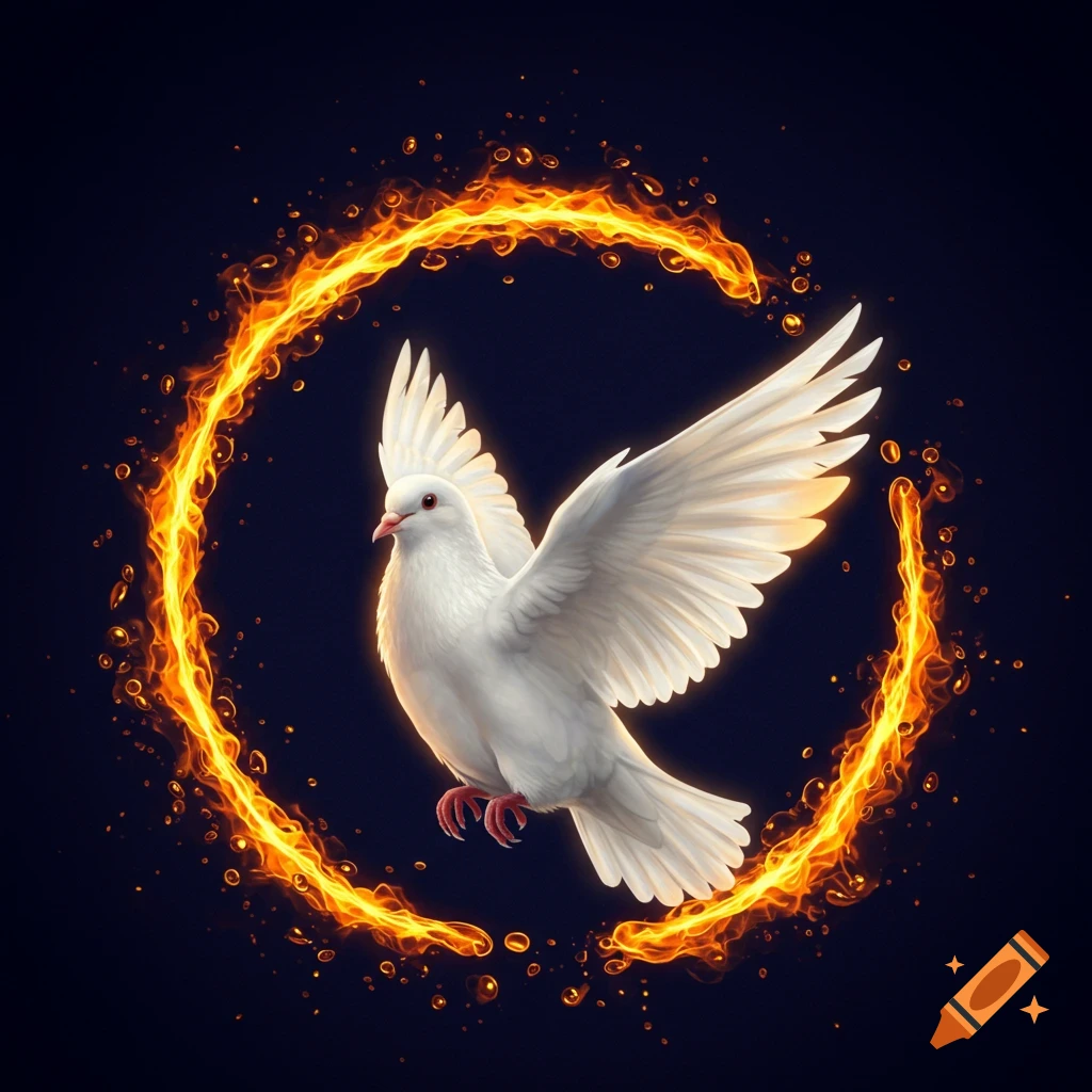 A white dove flying within a ring of fire.