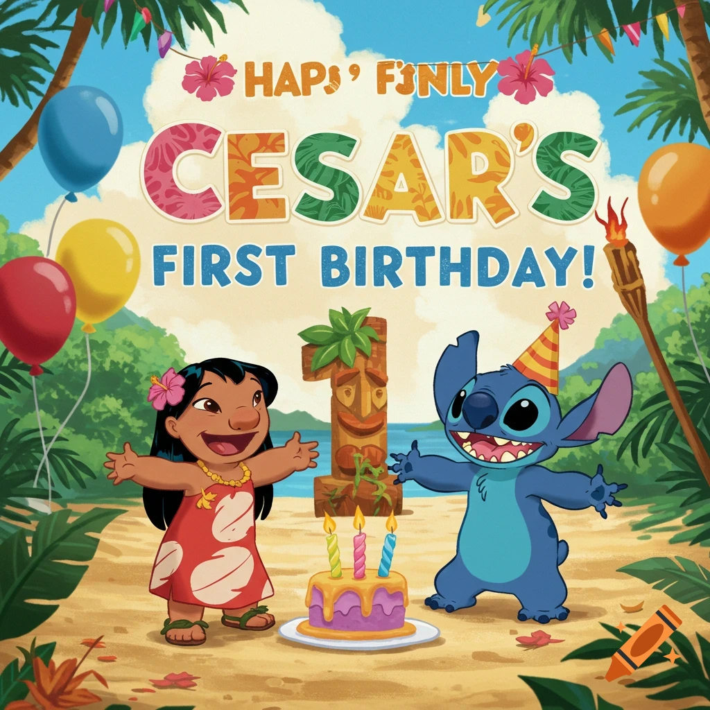 Lilo and Stitch celebrate a first birthday on a Hawaiian beach with a cake and balloons, cartoon style.