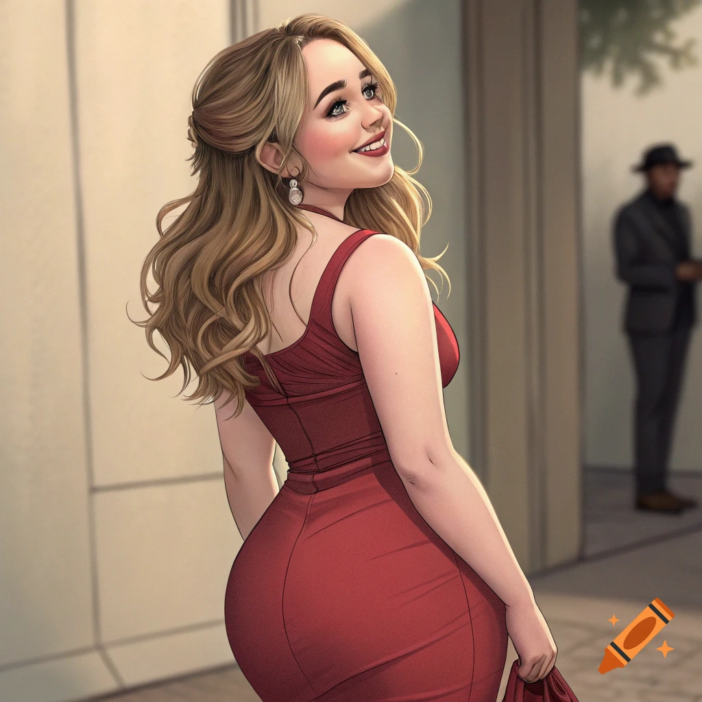 A woman in a red dress is looking over her shoulder and smiling.