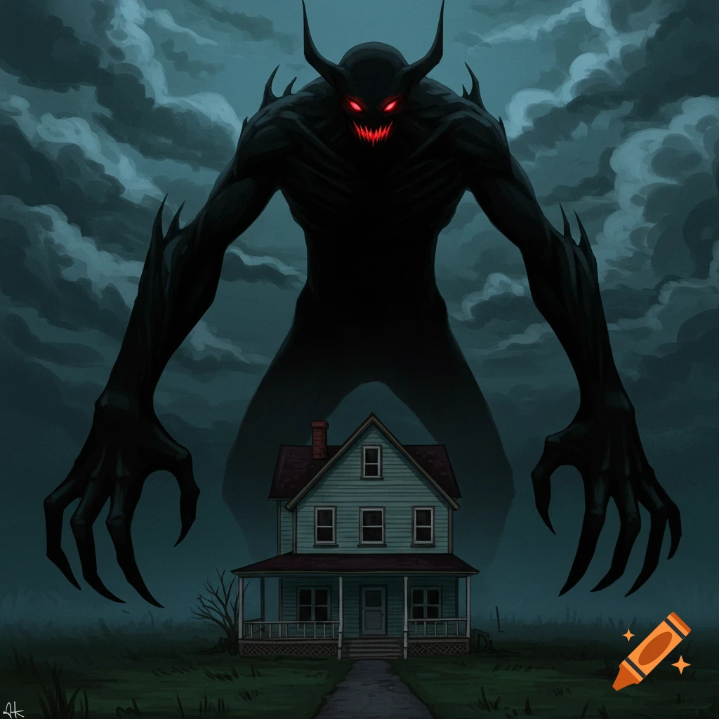 A giant shadow demon with red eyes towers over a house.