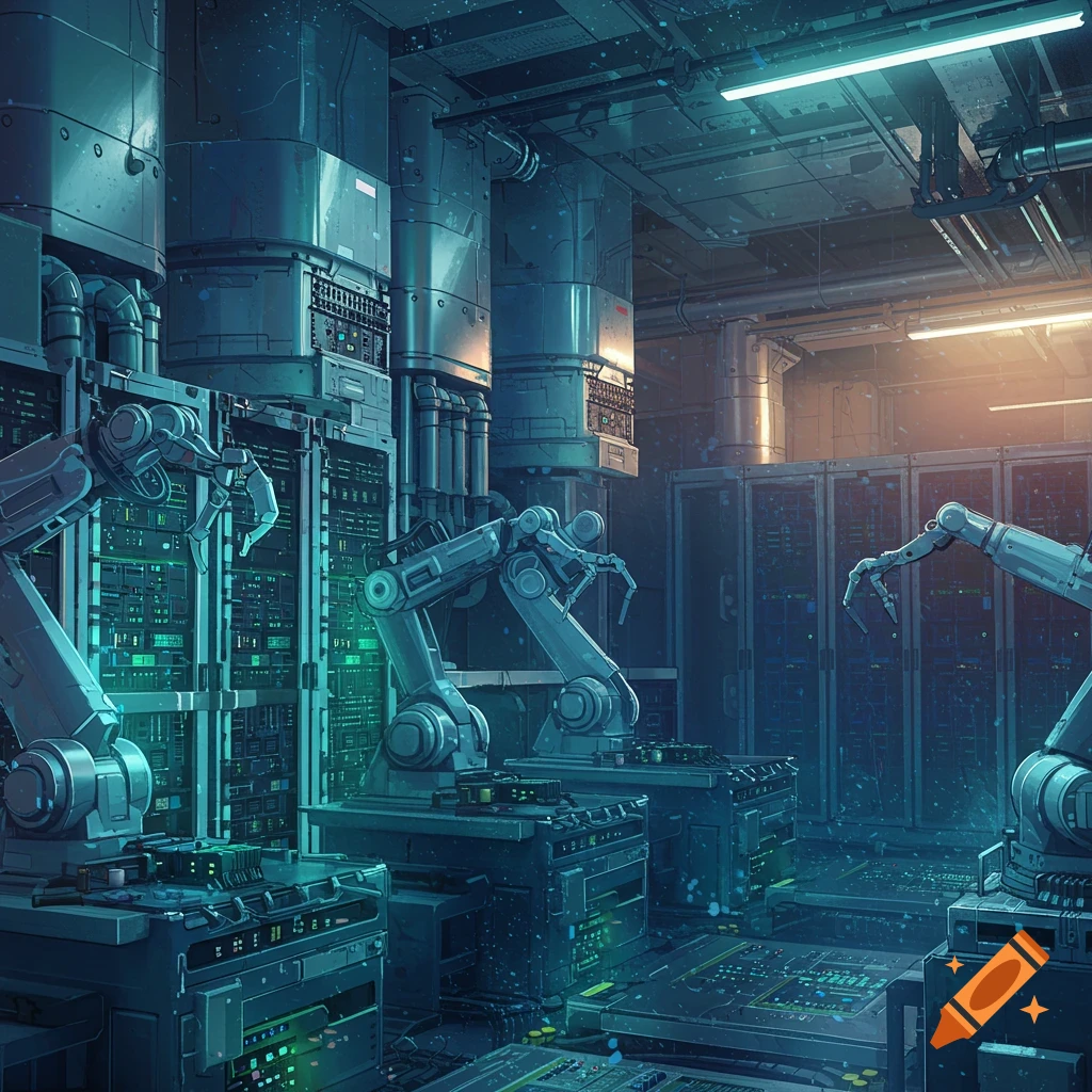Robotic arms working in a futuristic AI factory server room.