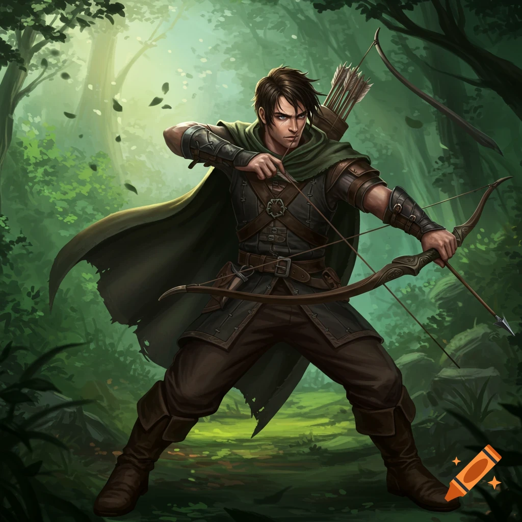 A male archer in fantasy attire aims a bow in a forest.