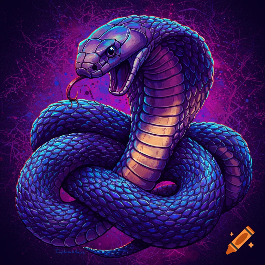 A vibrant purple and blue depiction of a cobra coiled with its mouth open and tongue out.