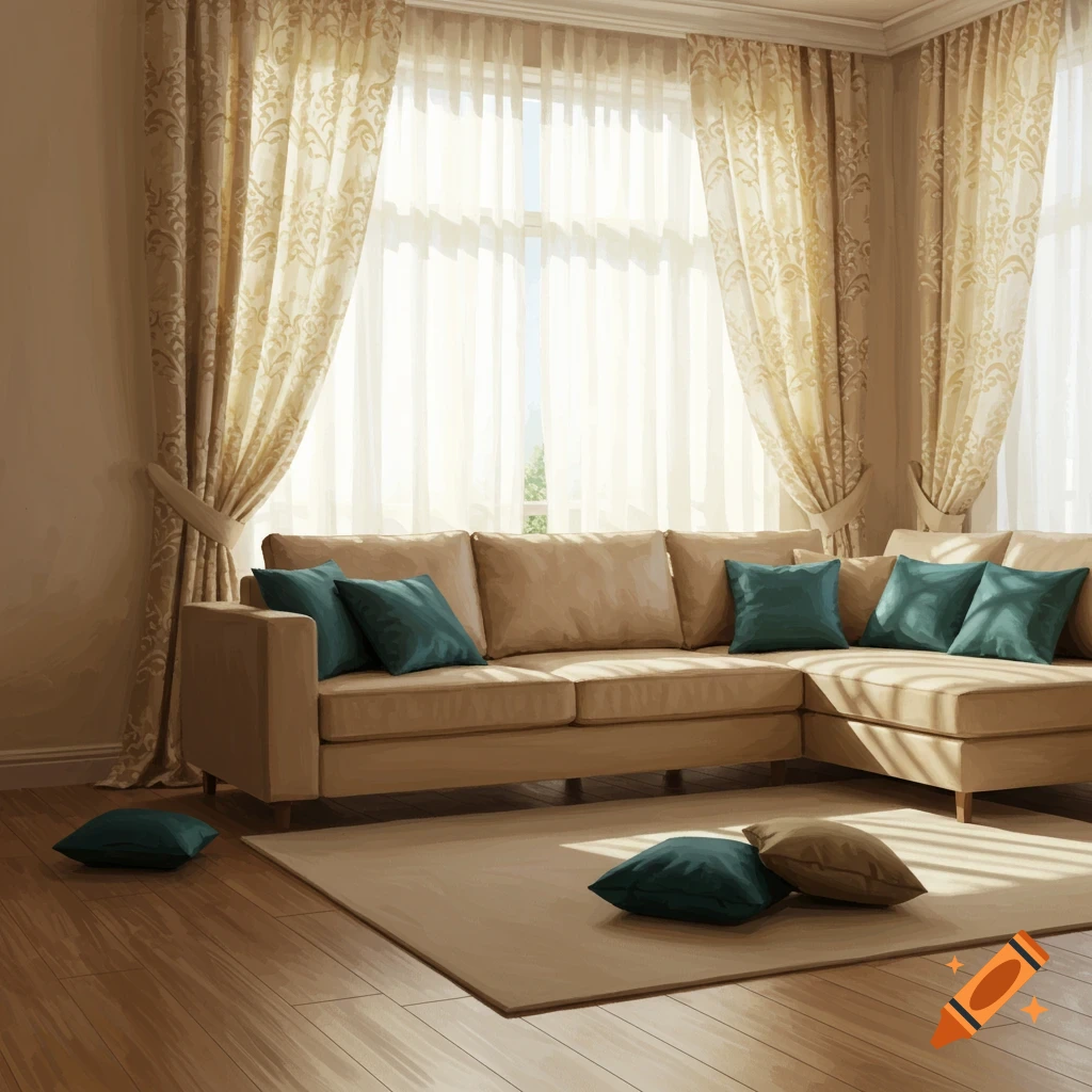 A living room with a beige sectional sofa, teal pillows, and Italian style curtains.