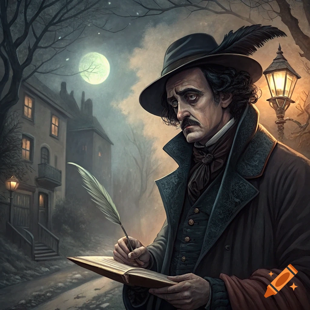 A man resembling Edgar Allan Poe, wearing a hat and coat, sits outside at night, writing in a book with a feather quill by lamplight.