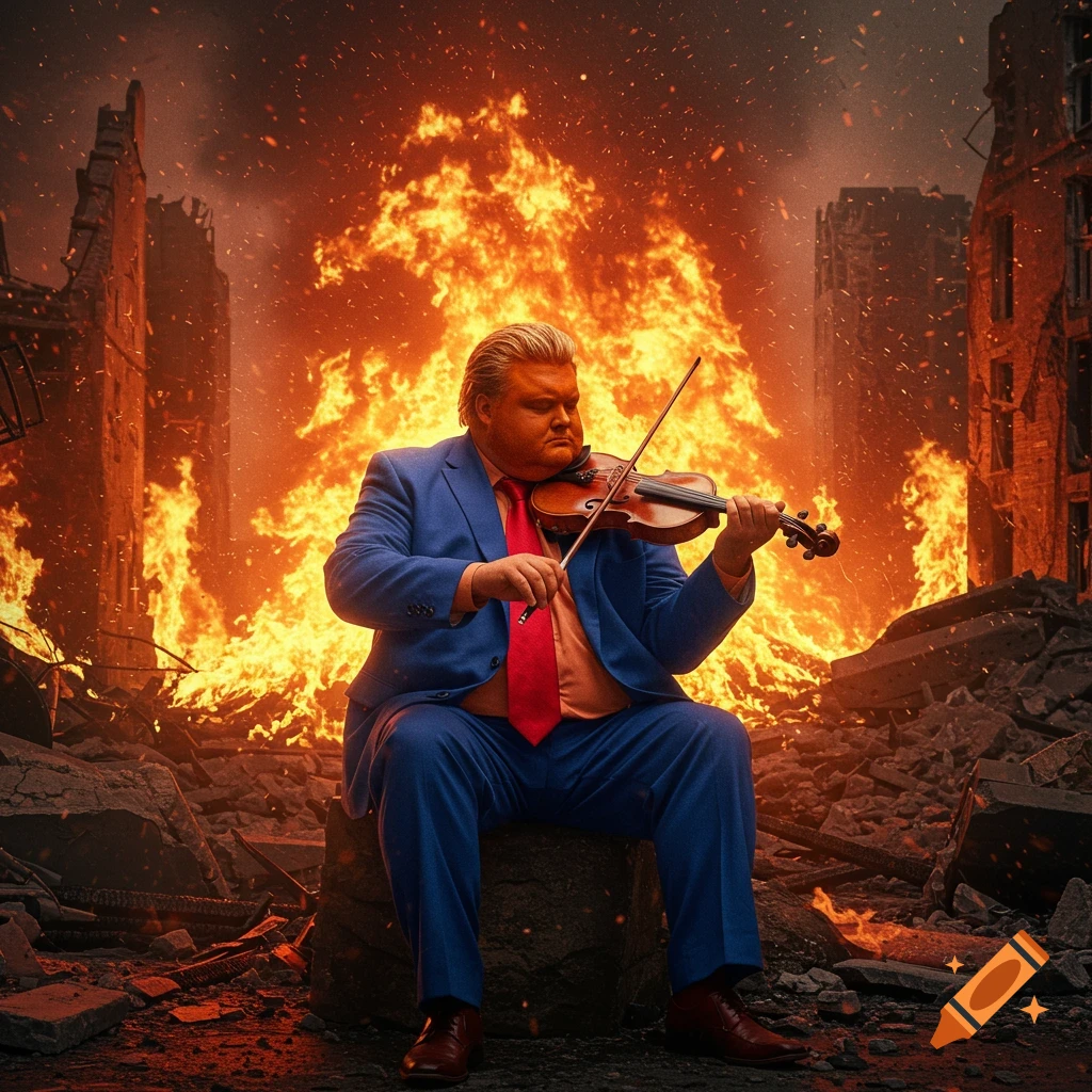 Man in blue suit plays violin amidst burning city ruins