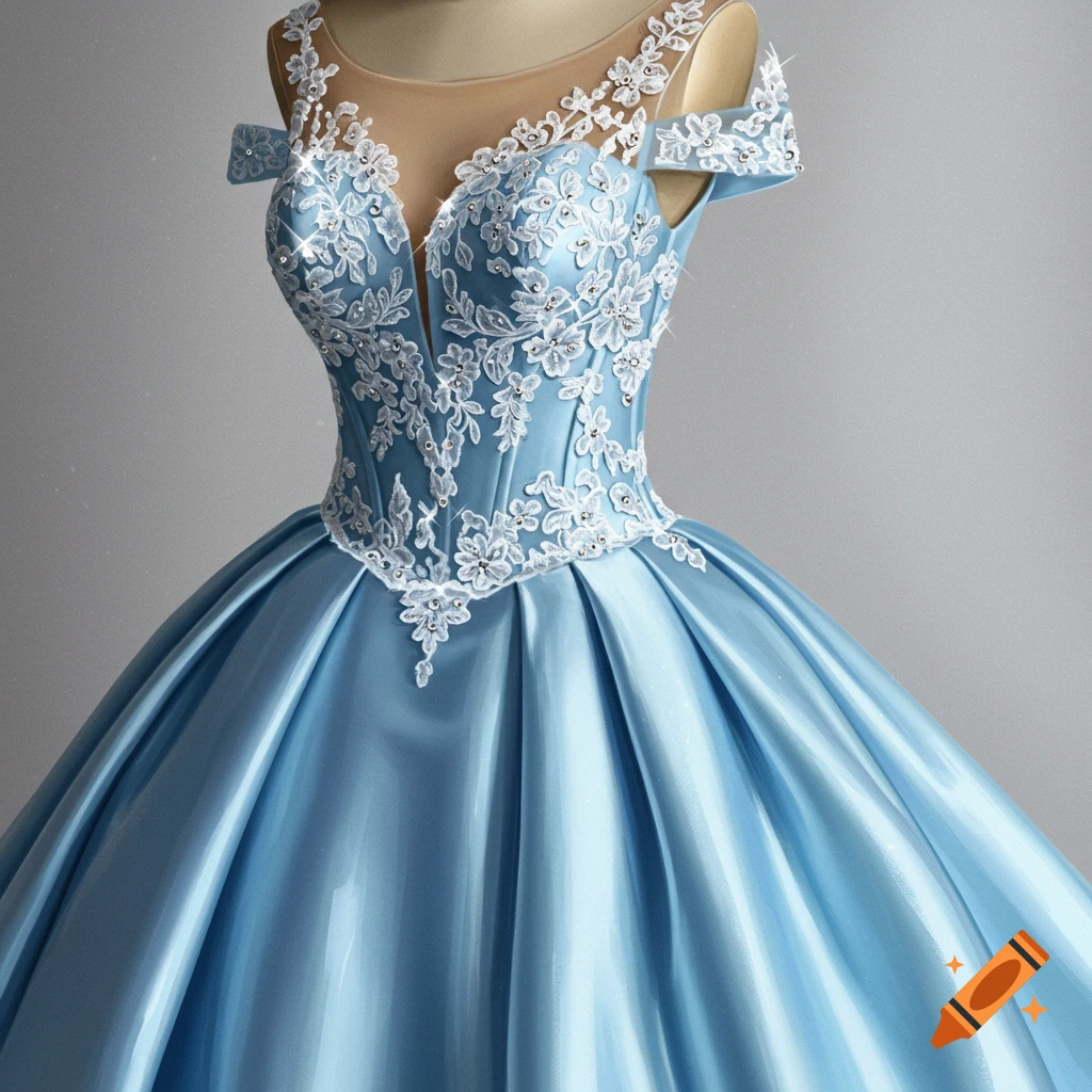 Ice blue ballgown wedding dress on a mannequin with white floral lace and sparkling detail.