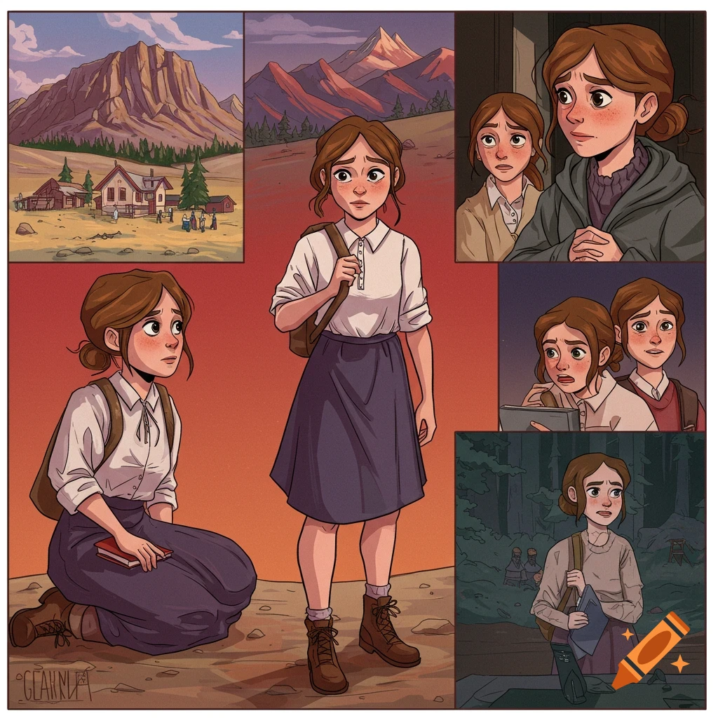 Multi-panel illustration of a young woman's journey from mountains to other settings in a comic book style.