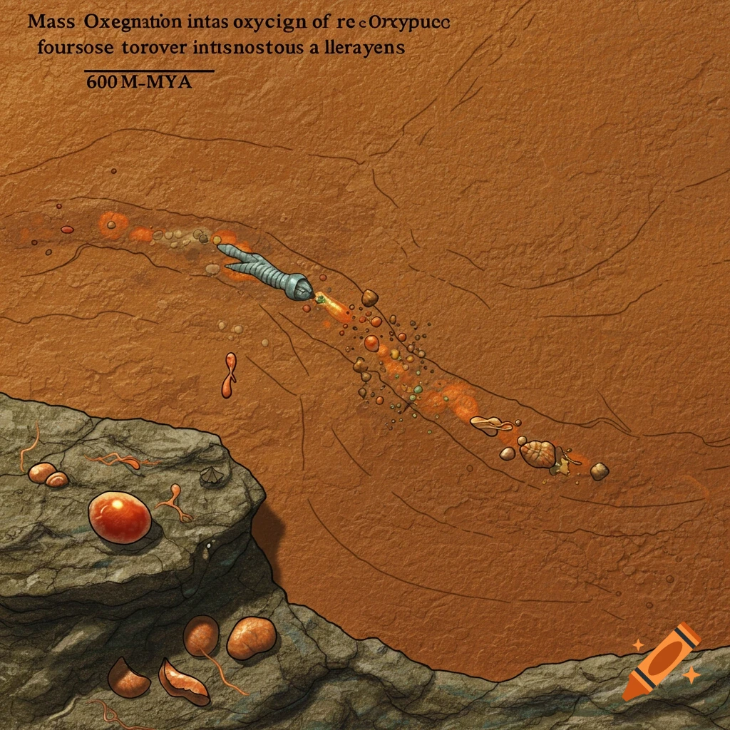 Illustration of ancient single-cell organisms on a rocky surface, with gaseous trails and timeline text.