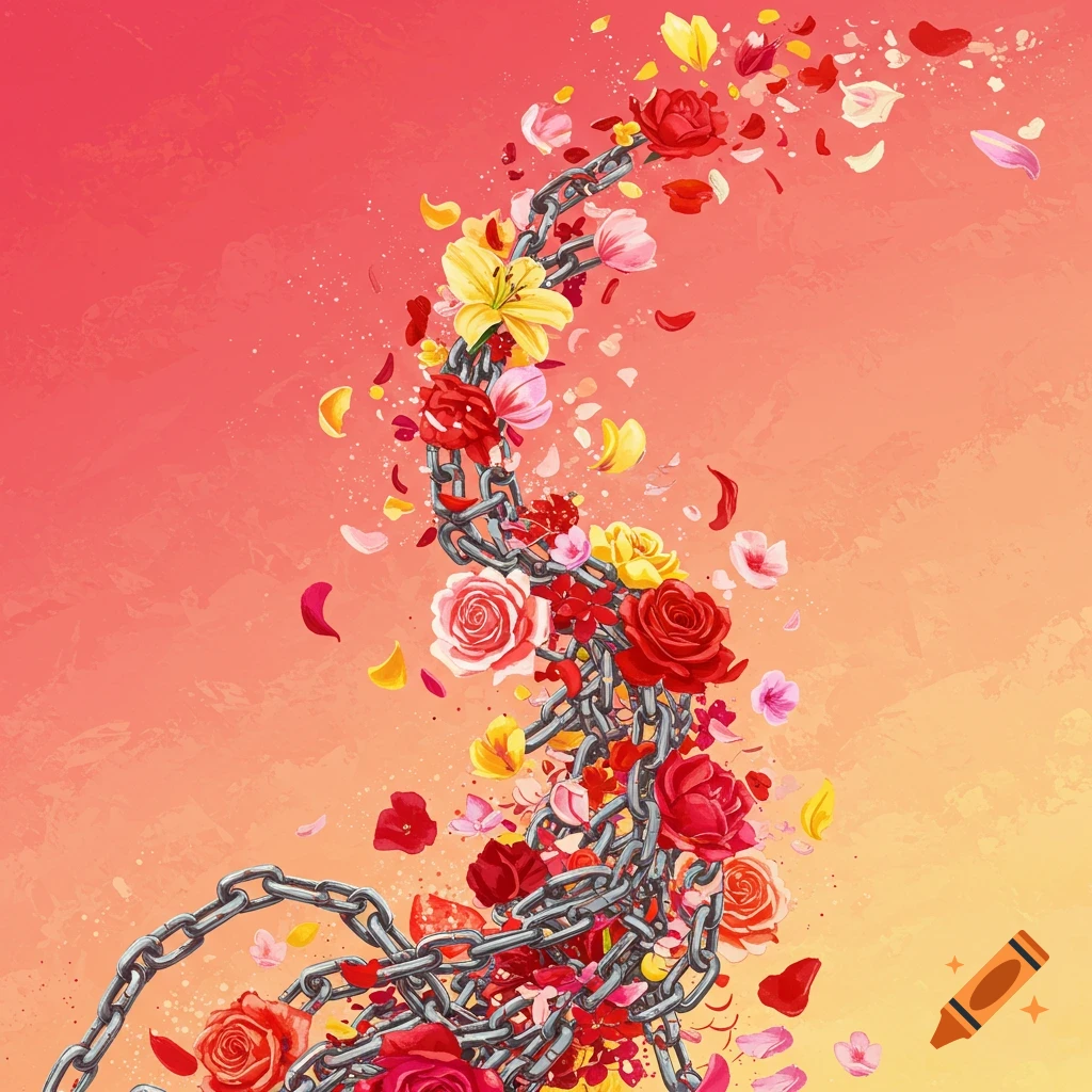 A metal chain dissolves into red and yellow flowers and petals against a red and yellow gradient background.
