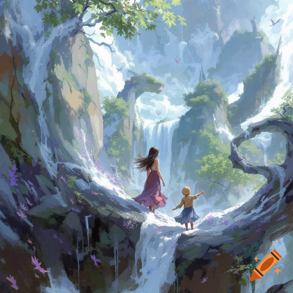 A mother and child are standing by a waterfall in a lush fantasy landscape.