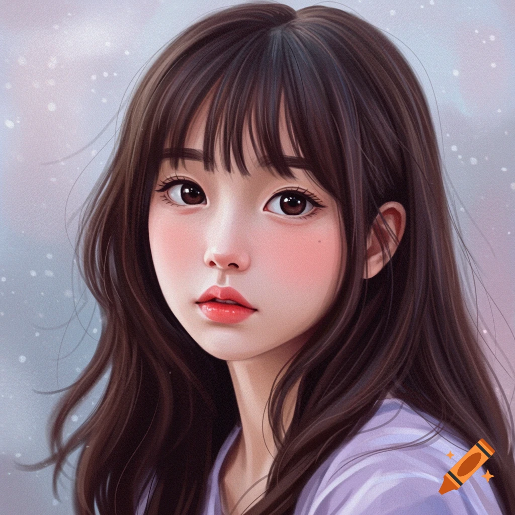 Portrait of a young girl with long brown hair and bangs against a soft background.