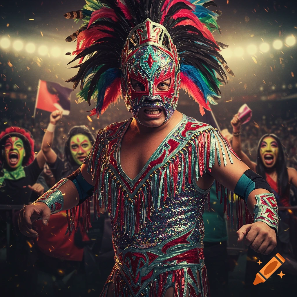 A lucha libre wrestler in a colorful mask and costume in a stadium with a crowd.