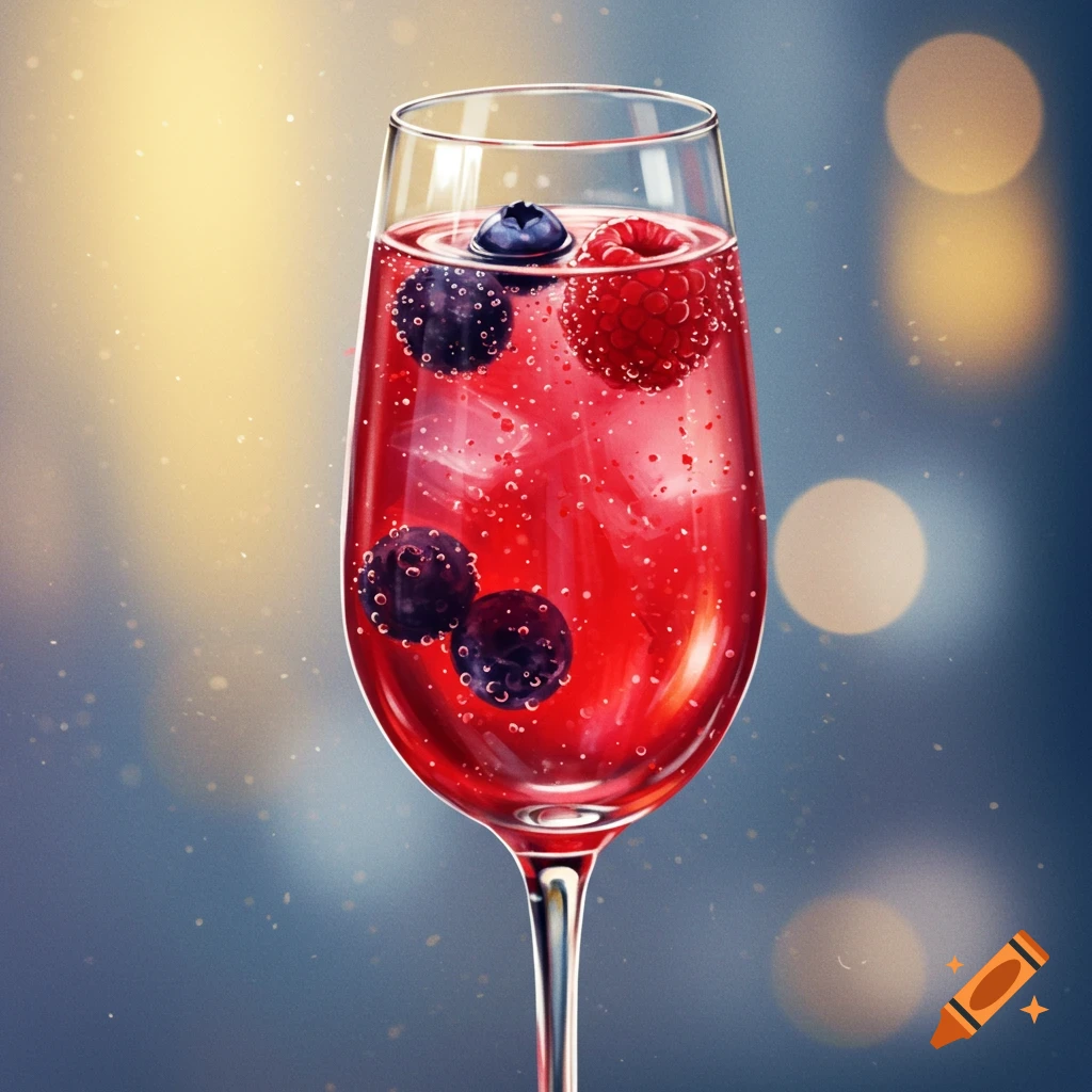 A red cocktail in a champagne glass with blueberries and a raspberry, with blurry bokeh lights in the background.