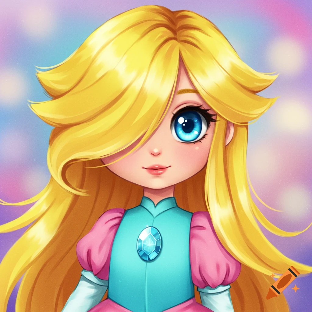 Close-up of a cute princess with long blonde hair, blue eyes, blue and pink dress with a large blue gem.