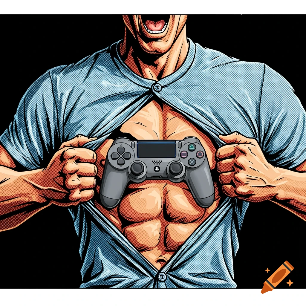 Muscular man tears shirt to reveal a PlayStation controller on his chest, illustration style.