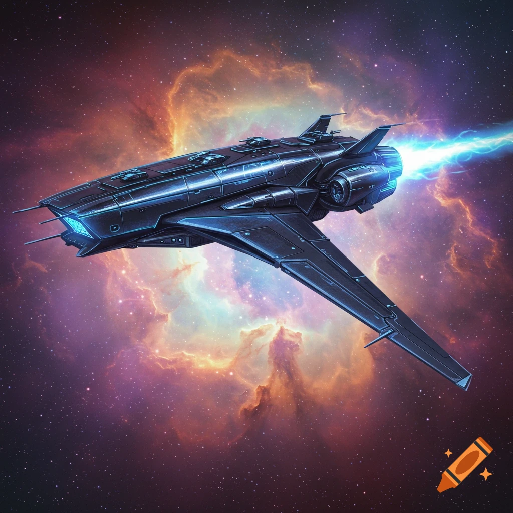 A sleek spaceship flies through a colorful nebula in space.